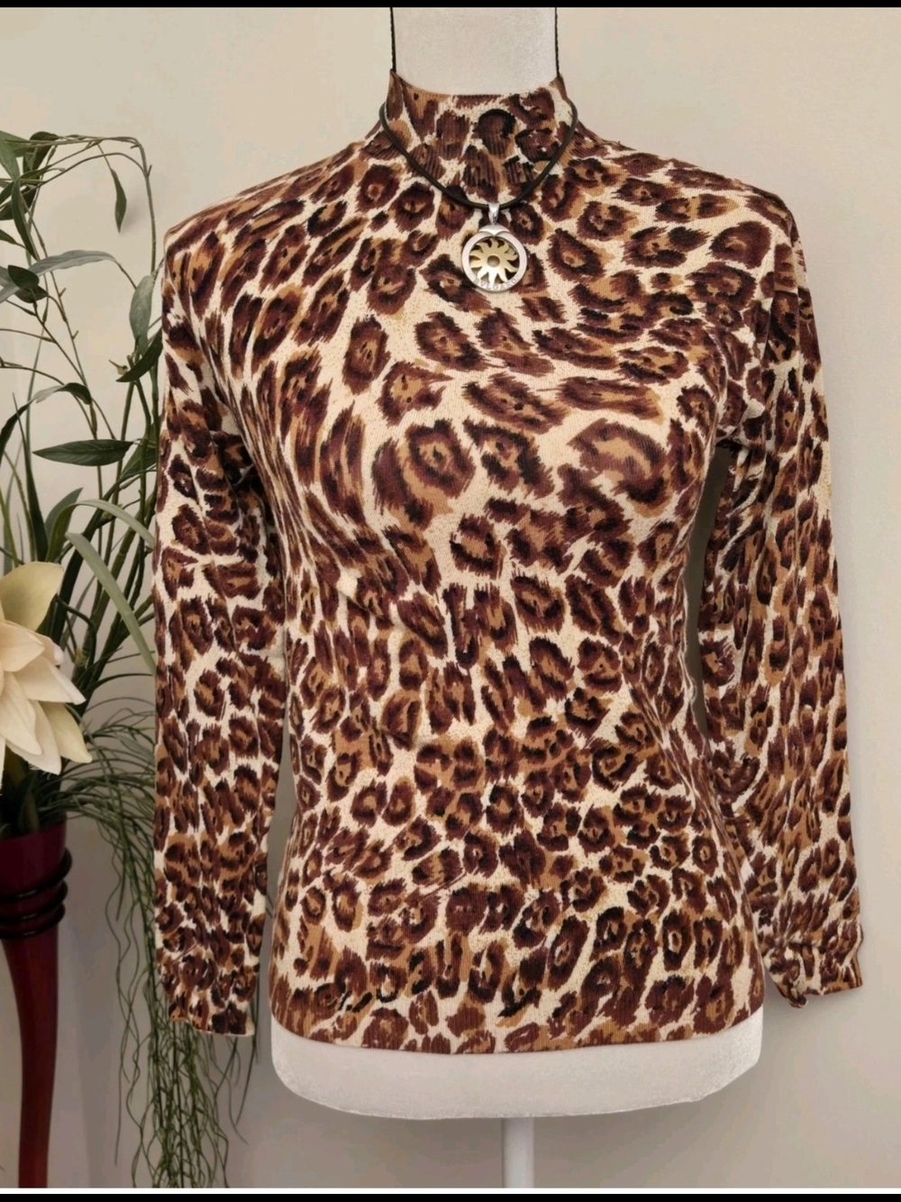 Leopard-Print Mock Neck Long Sleeve Top - Brown/Cream